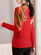 Spring/Autumn Women's Top, Mom Style New Year Spring Fashion Printed Long Sleeve Sweater for Middle-Aged and Elderly Women, Elegant Base Layer Pullover, 2026 New Model, Comfortable and Youthful, Versatile Women's Apparel for Daily Wear, Home, Outings - Red