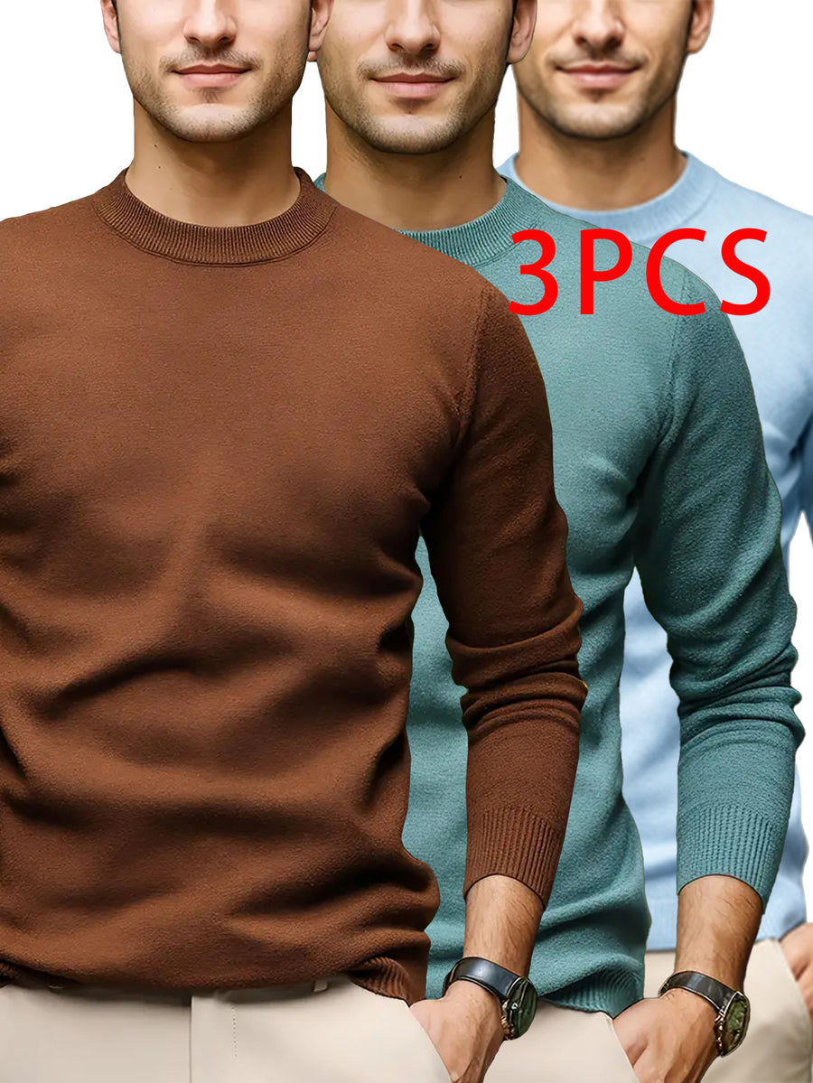 3pcs Men'S Round Neck Sweater Autumn Winter Knitwear Multi-Pc Solid Color Pullover Base Layer Sweater - Coffee+Army Blue+Sky Blue