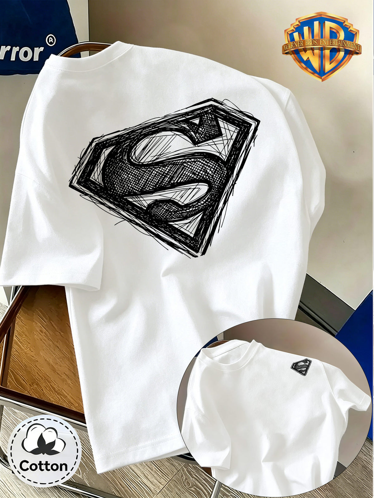 DC Superman Sketch S Logo Print 100% T-Shirt, Unisex Trendy Top, Double-Sided Print Design, Soft Fabric Material, Fashionable And Versatile Round Neck Short Sleeve Top, Designed for Men. Casual And Comfortable, Diverse Styles And Loose Fit - White