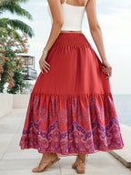 Flower Print Gathered Maxi Skirt - Red