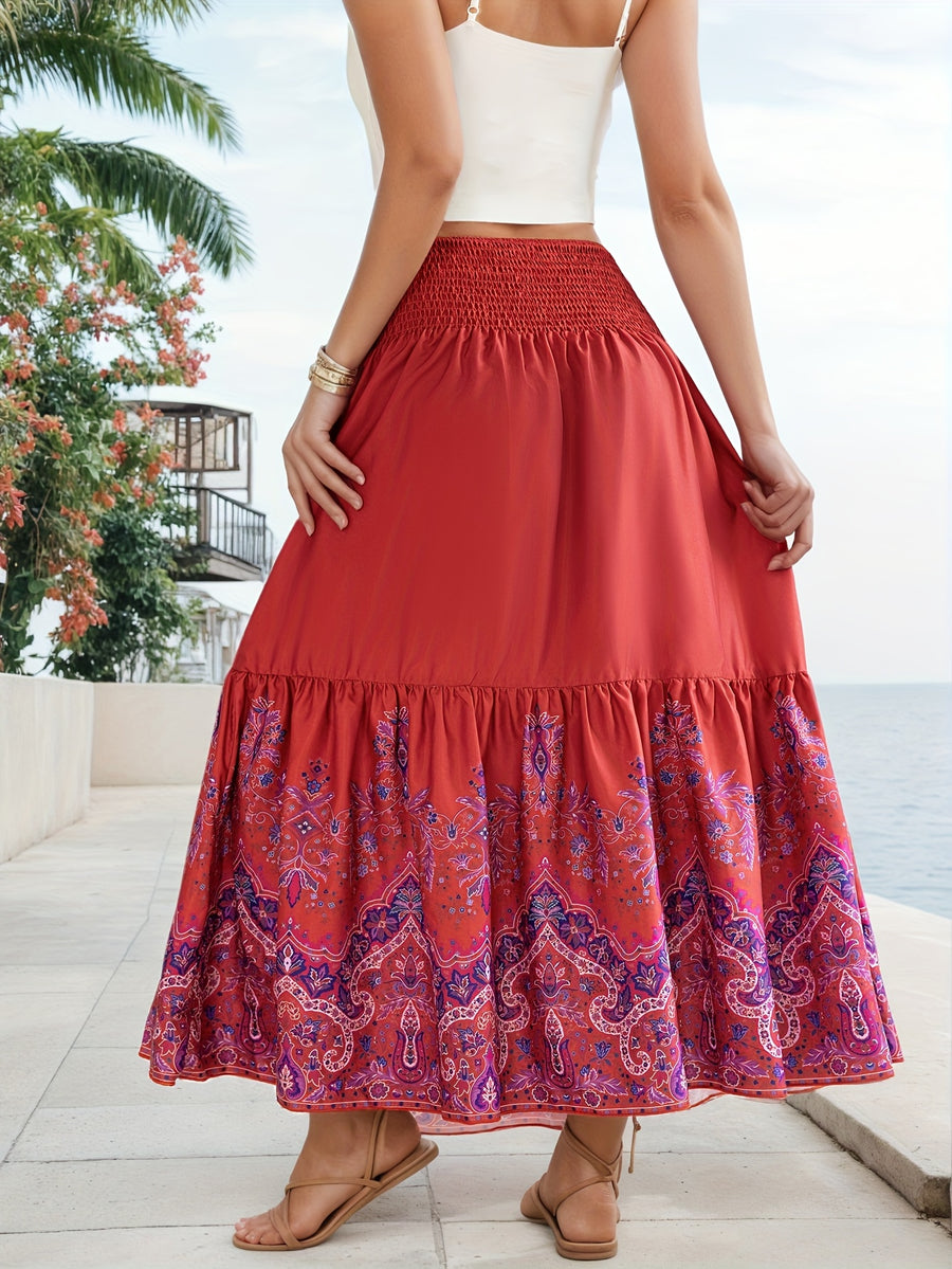 Flower Print Gathered Maxi Skirt - Red