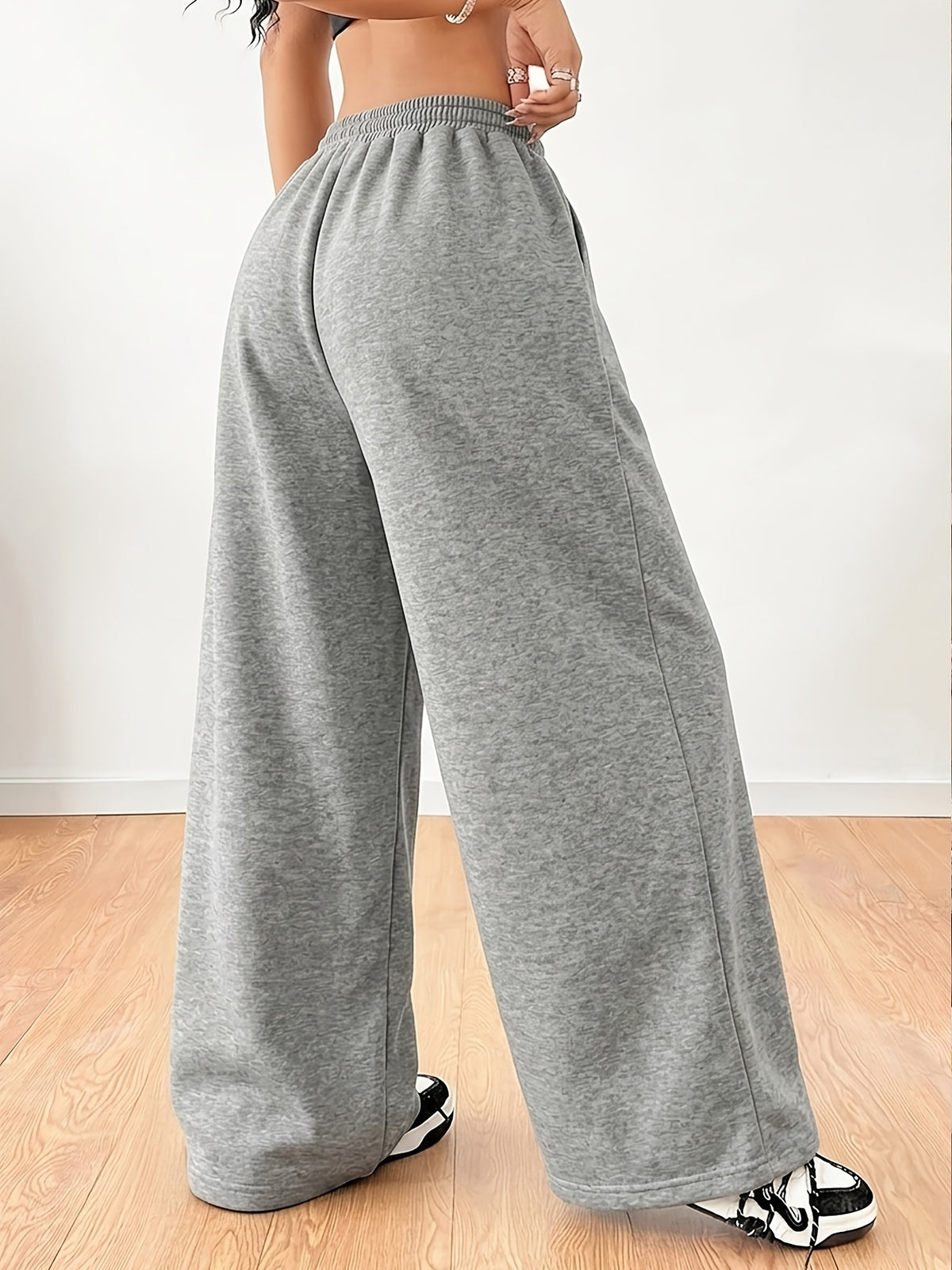 Sweet and Cool Bow Print with Letter Pattern, Women's Casual Y Straight-Leg Pants, Elastic Waist with Drawstring Wide-Leg Long Pants, All-Season Women's Trousers - Light Grey