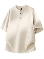 Men's Summer Small Henley Collar Two-Button Three-Dimensional Darted Cut Short Sleeve T-Shirt, Unisex Loose Raglan Curved Hem Top - Apricot