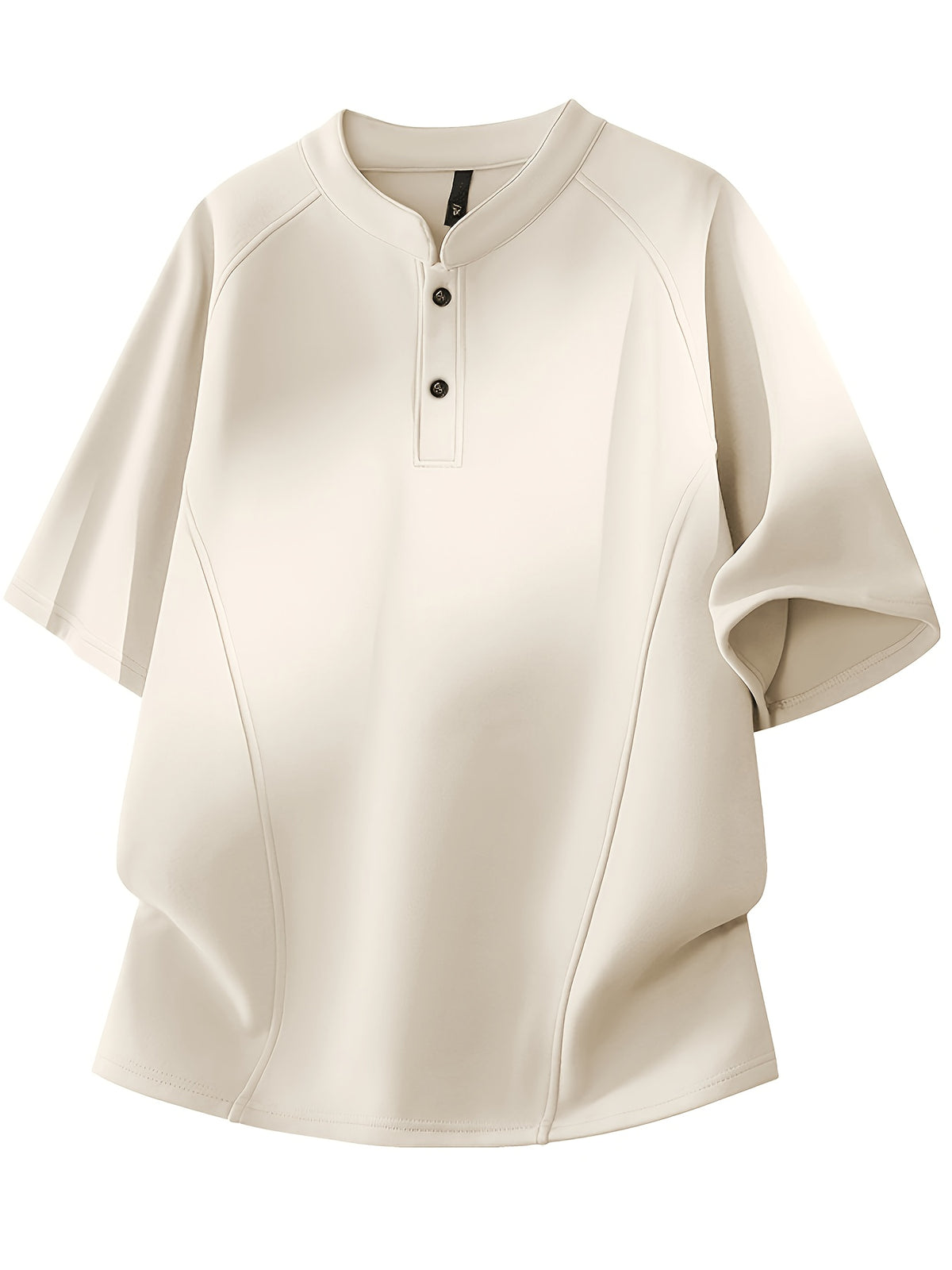 Men's Summer Small Henley Collar Two-Button Three-Dimensional Darted Cut Short Sleeve T-Shirt, Unisex Loose Raglan Curved Hem Top - Apricot