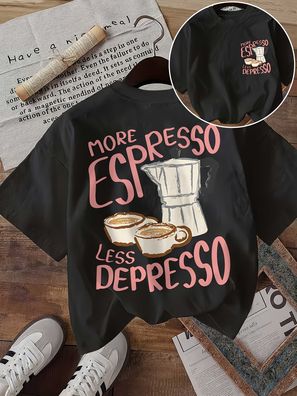 [Double-Sided Printed] Women'S Fashion Top, Ladies Summer Clothing, Retro Style, Coffee Cup, Mocha Pot More Espresso Less Depresso Printed Round Neck Short Sleeve - Black
