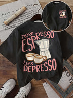 [Double-Sided Printed] Women'S Fashion Top, Ladies Summer Clothing, Retro Style, Coffee Cup, Mocha Pot More Espresso Less Depresso Printed Round Neck Short Sleeve - Black