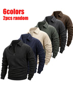 2pcs Set, Random Pc - Men's Autumn/Winter Long-Sleeve Polo Shirt and Sweatshirt, Plaid Rice Ear Jacquard Patchwork Design, Half-Zip Lapel Sweatshirt - Mixed colors