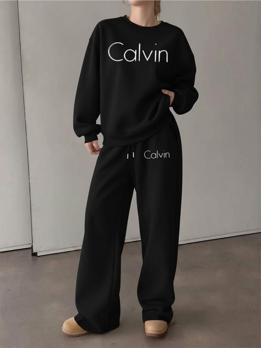Graphic Print 2pcs Set, Crew Neck Sweatshirt & Pants, Women's Clothing - Black