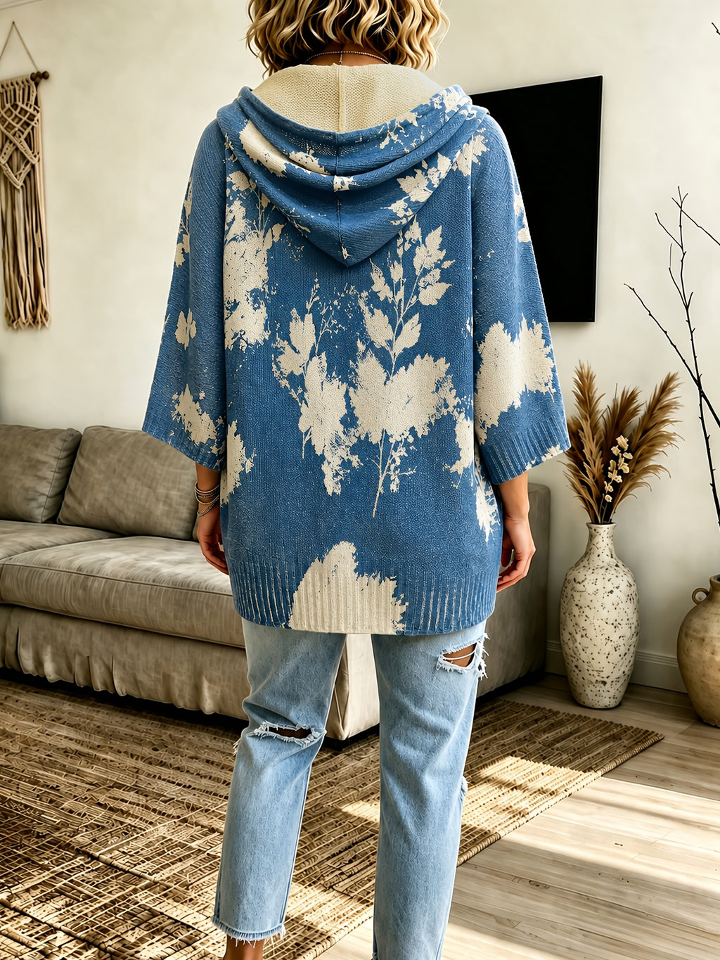 2026 Women'S Fall Winter Vintage Floral Print Hooded 3/4 Sleeve Cape Sweater Top with Drawstring Design, Lazy Style Fashion Versatile Casual Commute Vacation Pullover Top Women'S Clothing - Dark Blue 1