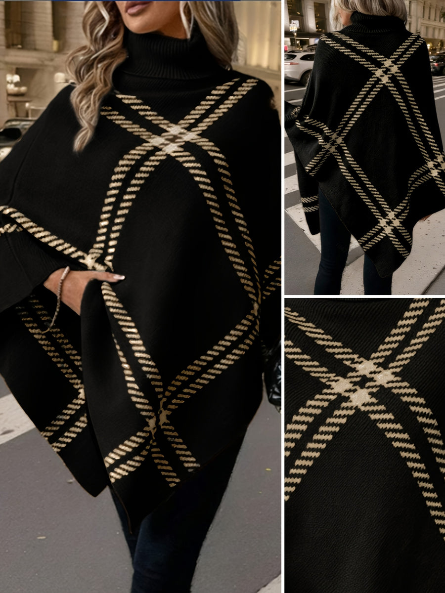 Elegant Special "Pure Body Bust" 1pc Elegant Women's Plaid High-Neck Pullover Shawl, Side Faux Button Decoration, Asymmetrical Hem Design, 100% Polyester, Fashionable Vintage Pullover, Elegant Outerwear for Autumn and Winter. Suitable for Spring - Black