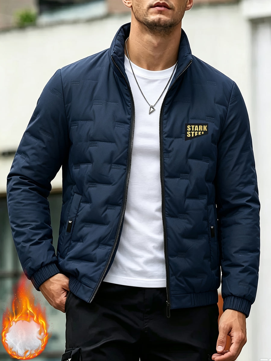 Men's Autumn/Winter Stand Collar Long Sleeve Thickened Outer Jacket, for Running and Fitness, Travel and Hiking, Daily Warmth, Zipper Cardigan Thickened Cold-Proof Jacket, Men's Outdoor Casual Sports Long Sleeve -Lined Jacket Top, Suitable for Daily - Navy Color