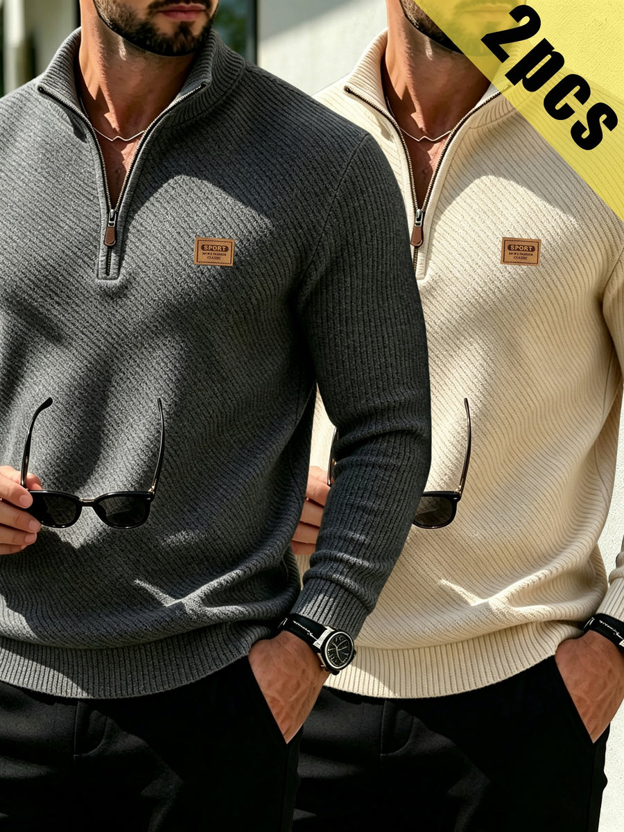 2pcs Men's Fashionable Versatile Top, Twill Texture Half-Zip Stand Collar Long-Sleeve Sweatshirt, Knitted Solid Color Long-Sleeve Casual Top for Daily Leisure, Sports & Fitness, Fashionable and Versatile. Soft, Comfortable, and Stylish Solid Color - Gray+Khaki