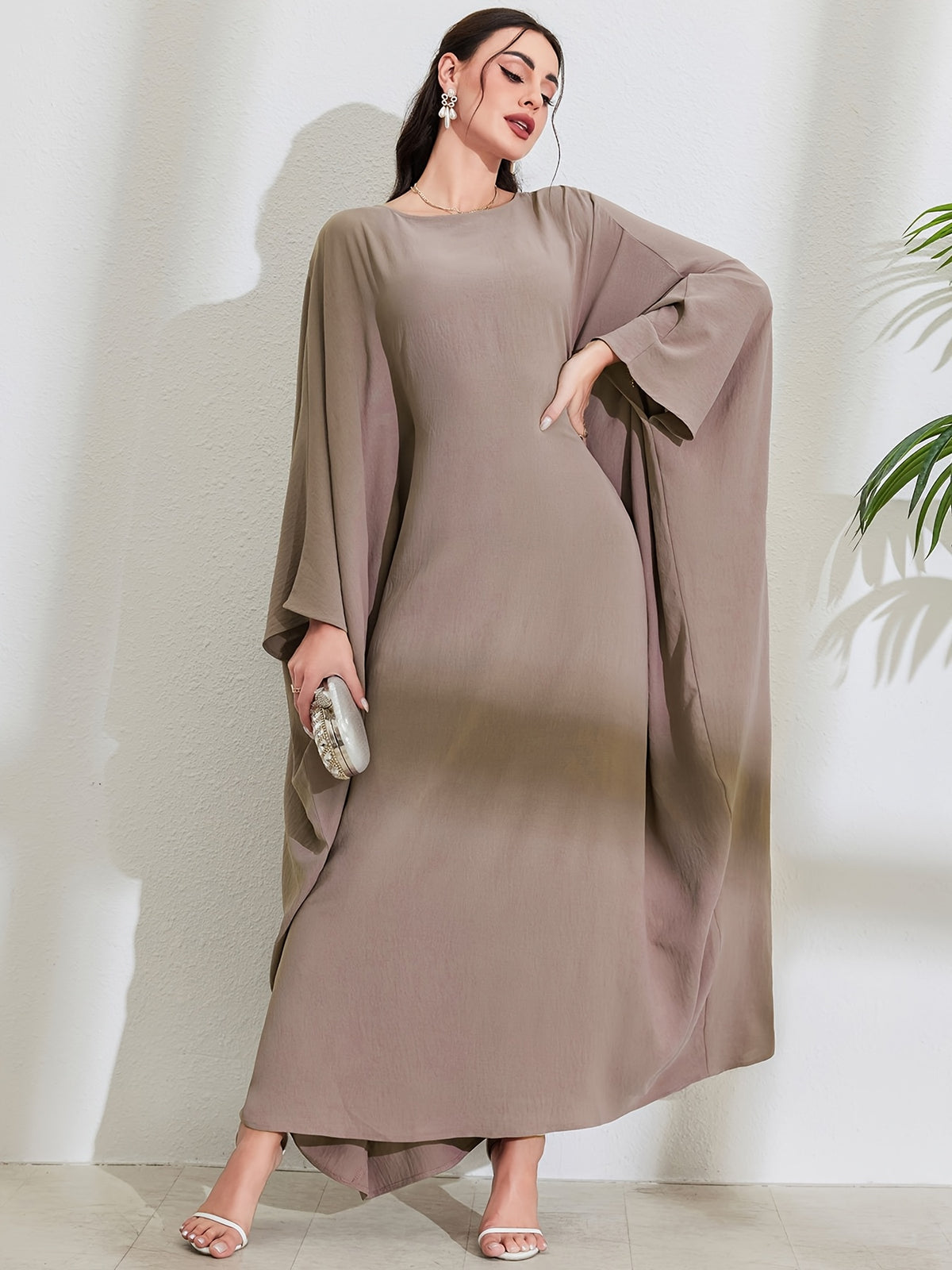 1pc Women's Muslim Middle Eastern Saudi Arabia Batwing Sleeve Abaya Dress - Pale Pinkish Gray