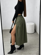 New Spring/Summer Women's High-Waist Pleated Skirt, Waist-Cinching Spicy Style, Versatile Midi Length, Beltless Design - Tactical Green