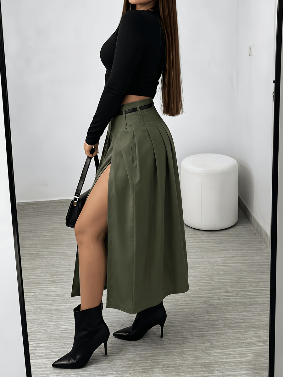 New Spring/Summer Women's High-Waist Pleated Skirt, Waist-Cinching Spicy Style, Versatile Midi Length, Beltless Design - Tactical Green