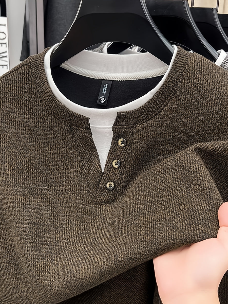 Autumn/Winter New V-Neck Button Design Color-Blocked Spliced Crew Neck Men's Sweater, Thickened Warm Versatile Casual Knitwear, Skin-Friendly and Comfortable, Durable and Breathable Pullover Men's Top BD26806 - Coffee Color
