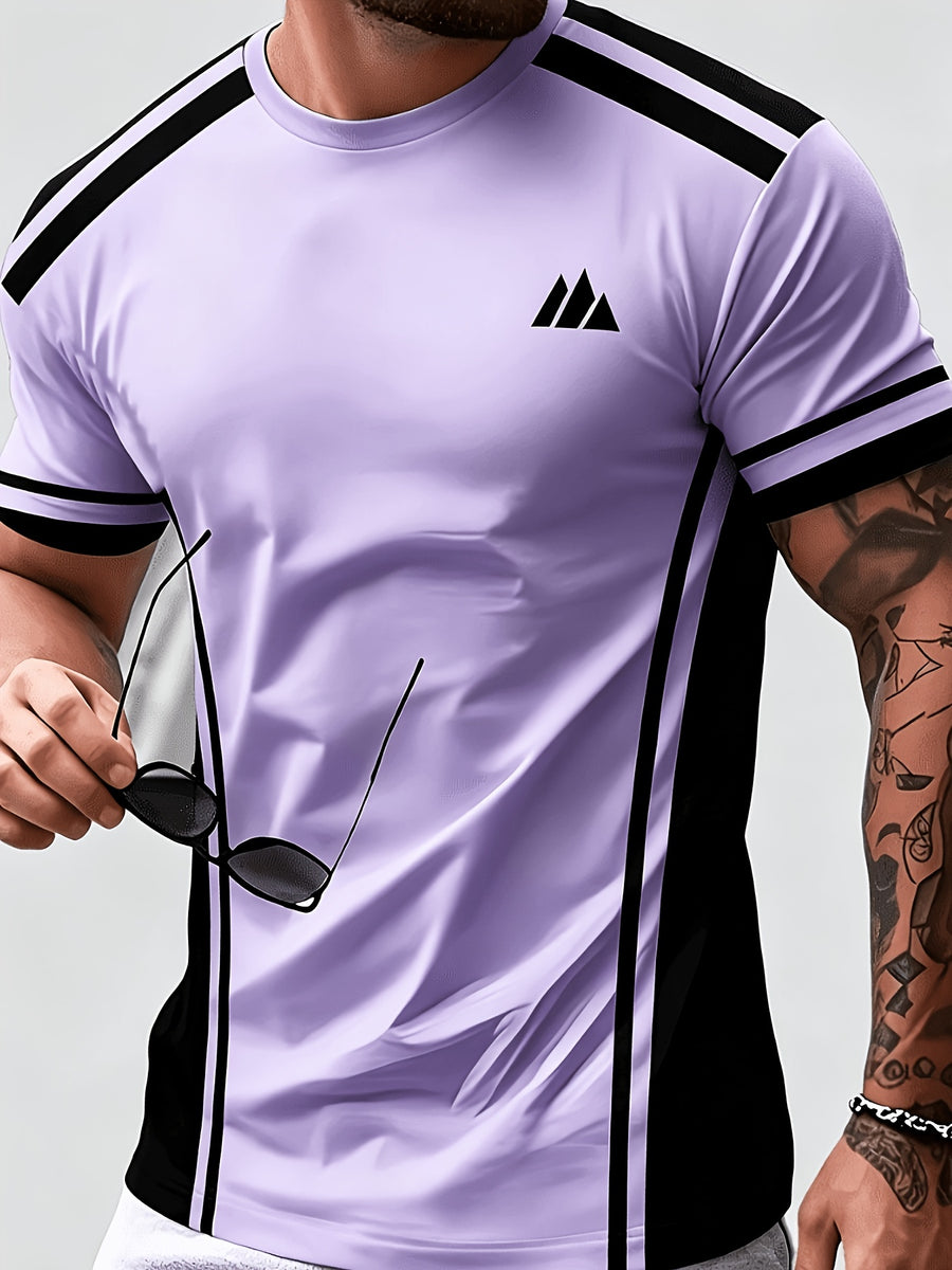 Men'S Trendy Casual Sports T-Shirt, Yellow Black Contrast Striped Mountain Peak Small Label Print Design, Fashionable Thin Breathable T-Shirt, Machine Washable Casual Short Sleeve Top - Mixed Color 12
