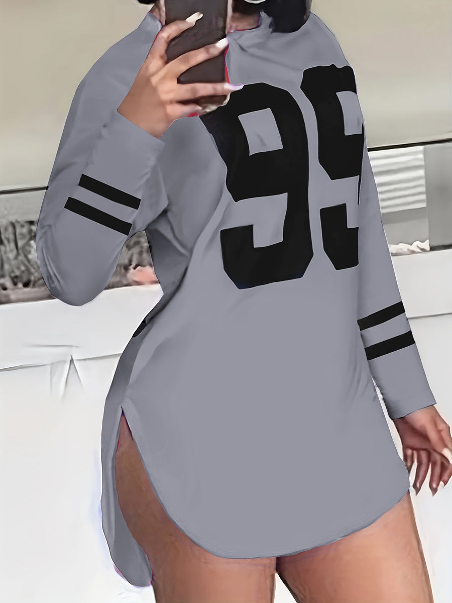 Women's Oversized '99' Number Print Blouse - Long Sleeve Casual Loose Fit SweeSuitable for Year-Round Wear, Machine Washable Comfy Tunic Top - Grey