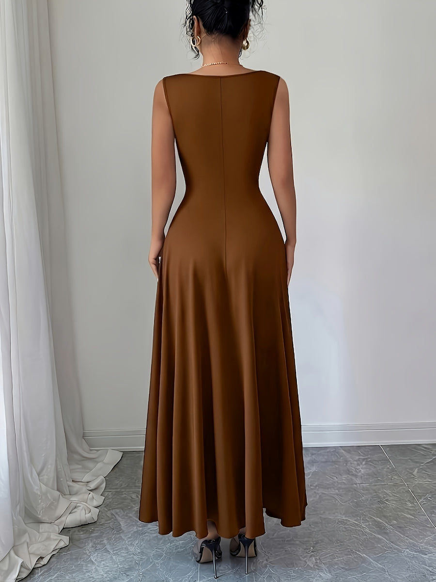 Sleeveless Puff Sleeve Dress Women'S Metallic Buckle Waist-Cinching Bodycon Skirt Elegant Temperament Evening Date Dress Long Dress - Dark Brown