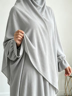 A Khimar + Abaya Prayer Jilbab Suit, a Fashionable and Elegant Vacation Set Featuring a Pure-color, Simple Single-layer Headscarf and a Light, Breathable, Comfortable Horn-sleeve Loose Dress. This Women's Abaya Combination Set Is Ideal for Muslim - Light Grey