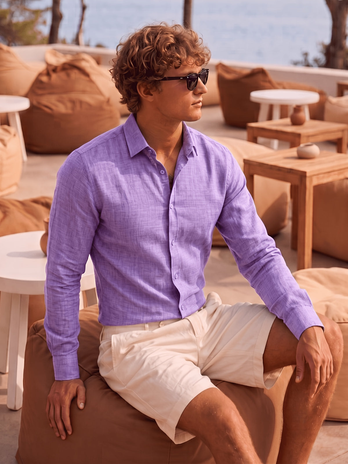 Men'S Anti-Moth Long-Sleeved Square-Neck Shirt, Lightweight And Breathable Solid Color Business-Casual Shirt, Loose-Fitting All-Match Basic Shirt for Spring And Summer Commuting And Vacation. Available in Multiple Colors - Purple