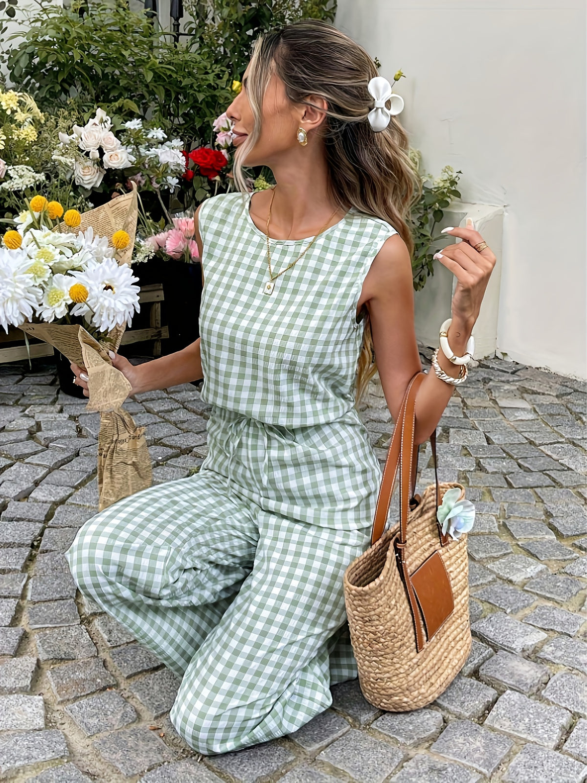 Casual Fashion Plaid Drawstring Sleeveless Women's Jumpsuit - Green And White Grid
