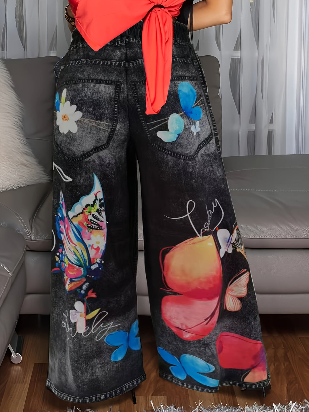 Women's Casual Wide-Leg Pants with Geometric Print - Relaxed Fit, Machine Washable, Pockets, Spring/Summer Lightweight for Casual Attire, Summer Outfit, Vibrant Print Patterns, Durable Material, Loosefit Trousers, Fashion Lovers - Mixed Color-black