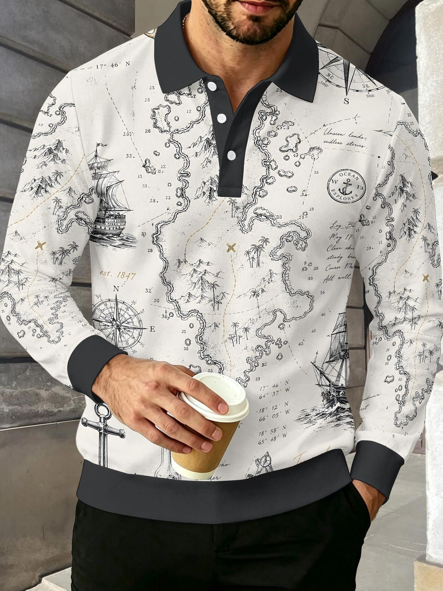 Men's Contrast Color Long Sleeve Polo Shirt, Lapel Collar Three-Button Casual Top with Vintage Nautical Manuscript Print, Versatile Men's Apparel for Spring/Autumn Business Commuting and Golf, Surprise Birthday/Holiday Gift for Young Men - Mixed Color C