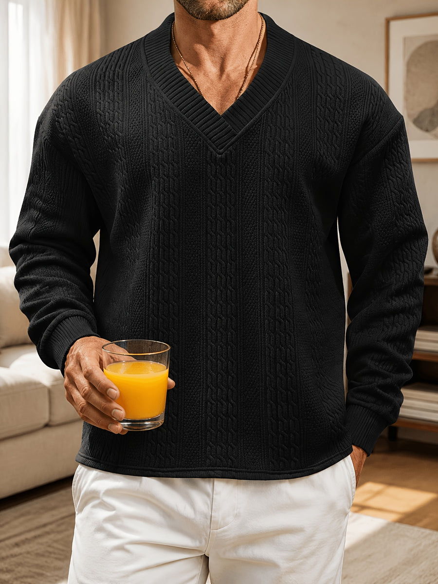 Fall Winter Men'S Casual Cable Knit Pullover, V-Neck Long Sleeve Textured Sweater with Ribbed Neckline, Cuffs, And Hem, Relaxed Everyday Top for Business Casual, Weekend, Dinner, Vacation, Travel, And Outdoor Walks - Black