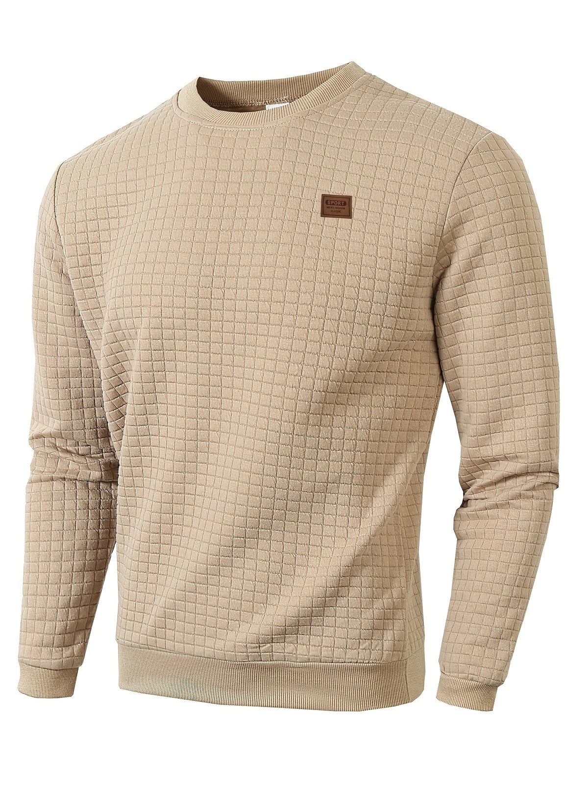 Men'S Knit Round Neck Solid Small Checkered Pullover Sweatshirt, Casual Easy Fashion Trendy Square Premium Men'S Clothing - Khaki