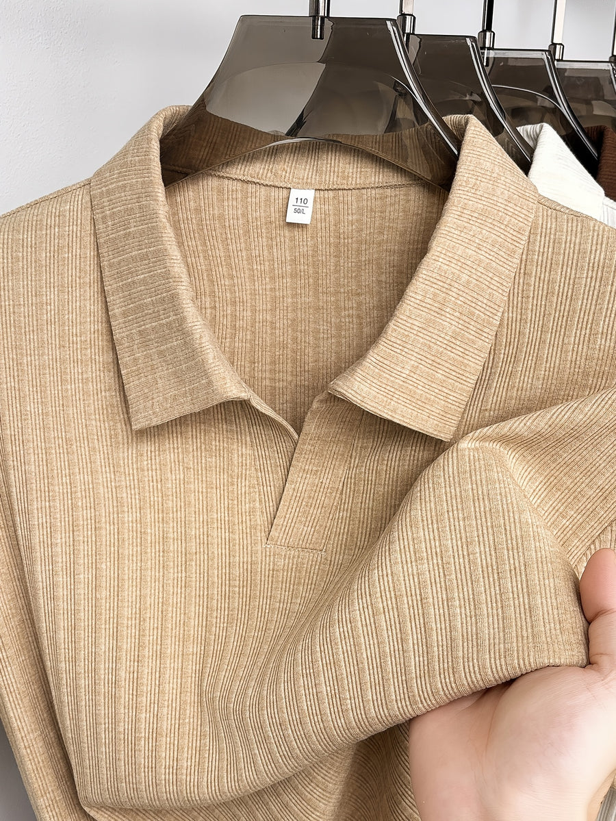 Men'S Vertical Striped V-Neck Knit Shirt, Summer Lapel Men'S Short-Sleeved T-Shirt, Solid Color Striped POLO Shirt, Casual Business Versatile Top, Commuting Men'S Clothing, Temperament Men'S Top - Khaki