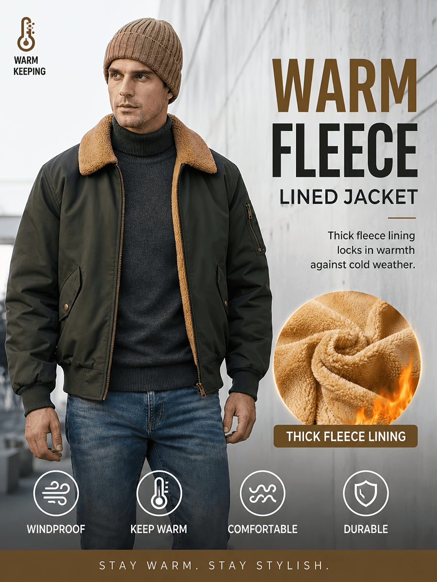 Men'S Autumn Winter Jacket Fleece Bomber Jacket Faux Lamb Shear Fleece Windproof Warm Jacket - Olive Green
