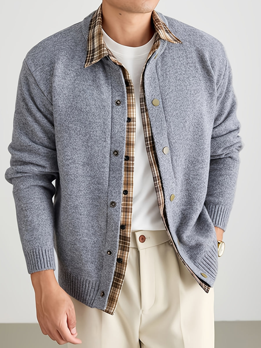 Men'S Oatmeal Knit Cardigan, Faux Two-Piece Plaid Shirt Collar Single Button, Business Casual Spring Autumn Regular Fit, Commuting Office - 【Light Grey】