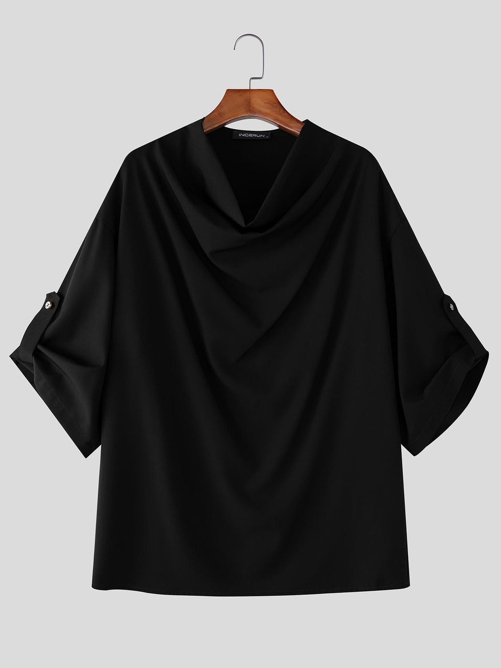 Men's Streetwear Tee Tops, Cowl Neck, Half Sleeve, Solid Color, Loose Fit, Street Hippy, Lightweight Leisure T-shirt, Center Back Length - Black