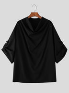 Men's Streetwear Tee Tops, Cowl Neck, Half Sleeve, Solid Color, Loose Fit, Street Hippy, Lightweight Leisure T-shirt, Center Back Length - Black