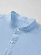 Men'S Faux Linen Long Sleeve Shirt: Lightweight Button-Up Stand Collar Solid Color Formal to Casual Style, Comfortable Breathable Pattern, Suitable for Beach, Office, Party Business, Daily Trendy Wear, Machine Washable Fashion Shirt - Sky Blue