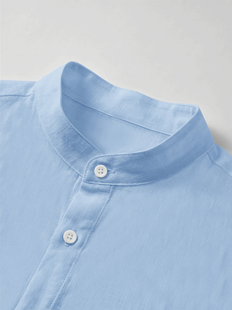 Men'S Faux Linen Long Sleeve Shirt: Lightweight Button-Up Stand Collar Solid Color Formal to Casual Style, Comfortable Breathable Pattern, Suitable for Beach, Office, Party Business, Daily Trendy Wear, Machine Washable Fashion Shirt - Sky Blue
