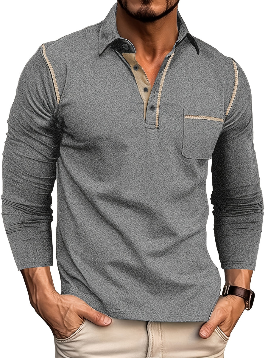 KJ-P029 Men's Long Sleeve Henley Shirt with Contrast Color Placket and Pocket Design, Stretchy, Comfortable, and Casual Polo for Daily Commuting Wear - Dark Gray