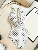 Spring/Autumn Simple Halter Neck Polka Dot Basic Bodysuit for Women, Stretchy Slim-Fit Flattering Base Layer, Versatile Tight-Fitting Top for Vacation and Dates - Polka Dots