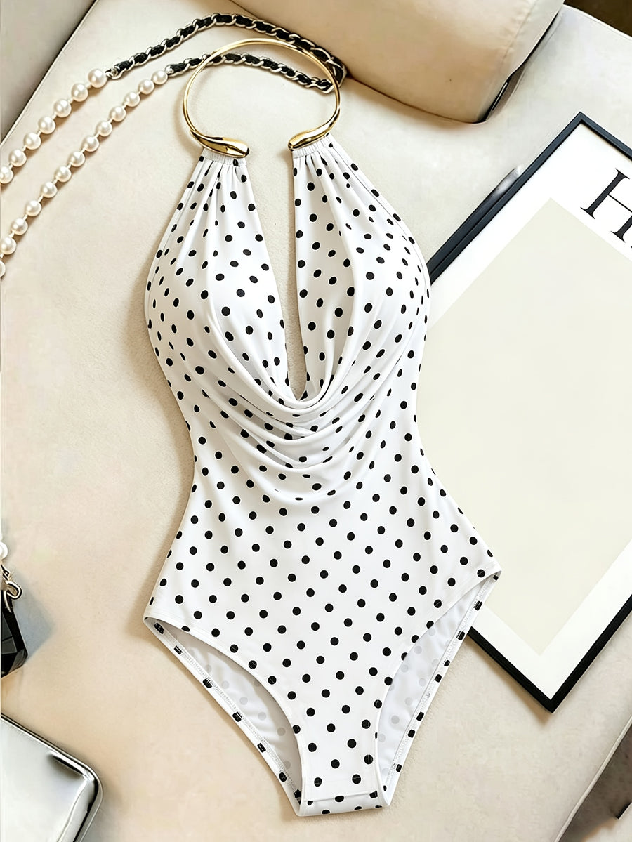 Spring/Autumn Simple Halter Neck Polka Dot Basic Bodysuit for Women, Stretchy Slim-Fit Flattering Base Layer, Versatile Tight-Fitting Top for Vacation and Dates - Polka Dots