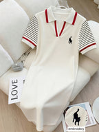 Women'S Color-blocked Ribbed Collar Embroidered Pattern Dress - White