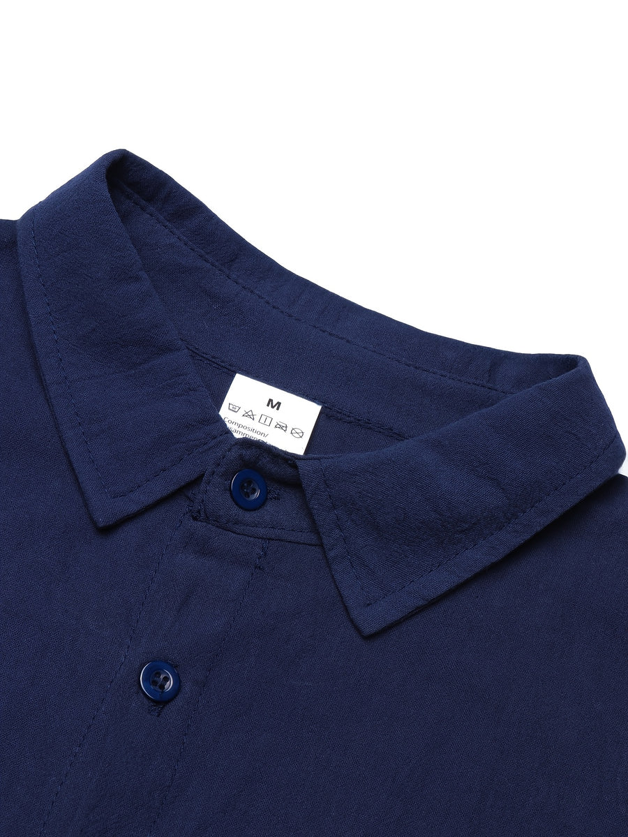 5pcs Men's New Spring/Autumn Thin Loose-Fit Comfortable Lapel Solid Color Basic Linen Long-Sleeve Shirt for Daily Commuting, Fitness, Sports, Home, Leisure, Trendy Fashion Button-Up Top - Mix D