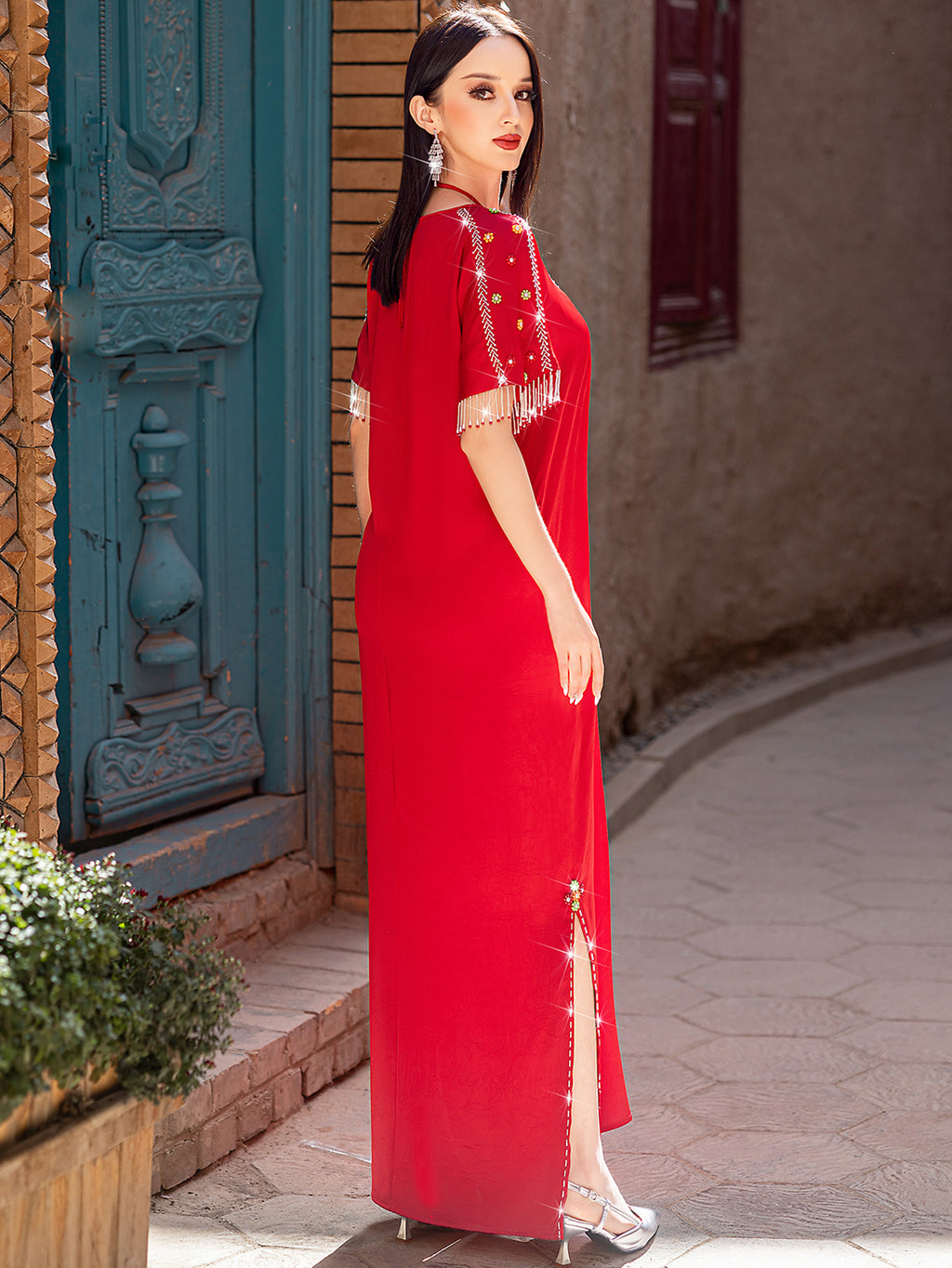 Dark Red 5182 Halter Neck Rhinestone High-End Women's Short Sleeve Dress - Burgundy