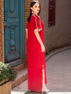 Dark Red 5182 Halter Neck Rhinestone High-End Women's Short Sleeve Dress - Burgundy