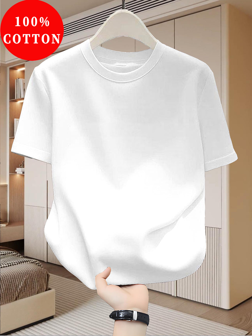 Men's Summer Pure Cotton Short-Sleeve T-Shirt, Solid Color Crew Neck, Simple Casual Versatile Breathable Sweat-Wicking Basic Style Half-Sleeve Top - White