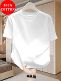 Men's Summer Pure Cotton Short-Sleeve T-Shirt, Solid Color Crew Neck, Simple Casual Versatile Breathable Sweat-Wicking Basic Style Half-Sleeve Top - White