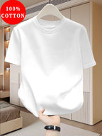 Men's Summer Pure Cotton Short-Sleeve T-Shirt, Solid Color Crew Neck, Simple Casual Versatile Breathable Sweat-Wicking Basic Style Half-Sleeve Top - White