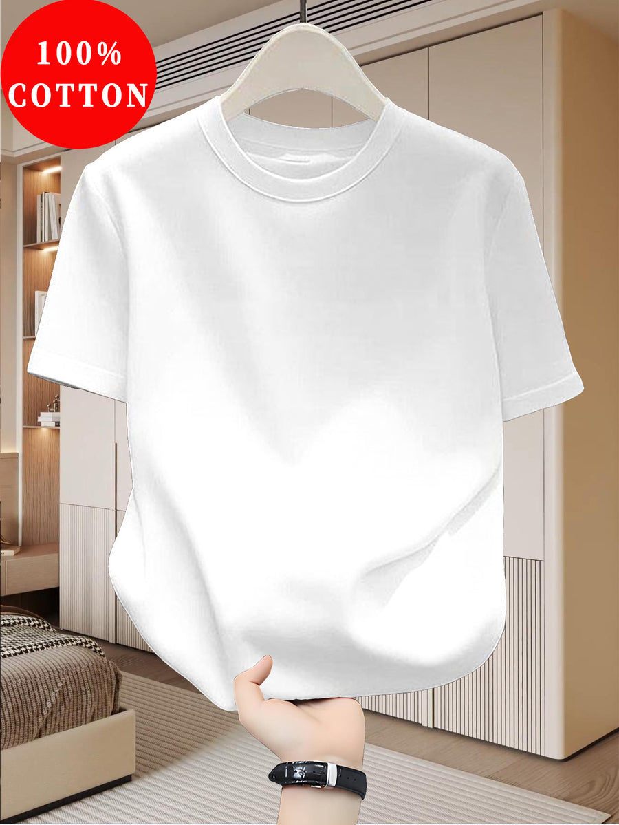 Men's Summer Pure Cotton Short-Sleeve T-Shirt, Solid Color Crew Neck, Simple Casual Versatile Breathable Sweat-Wicking Basic Style Half-Sleeve Top - White