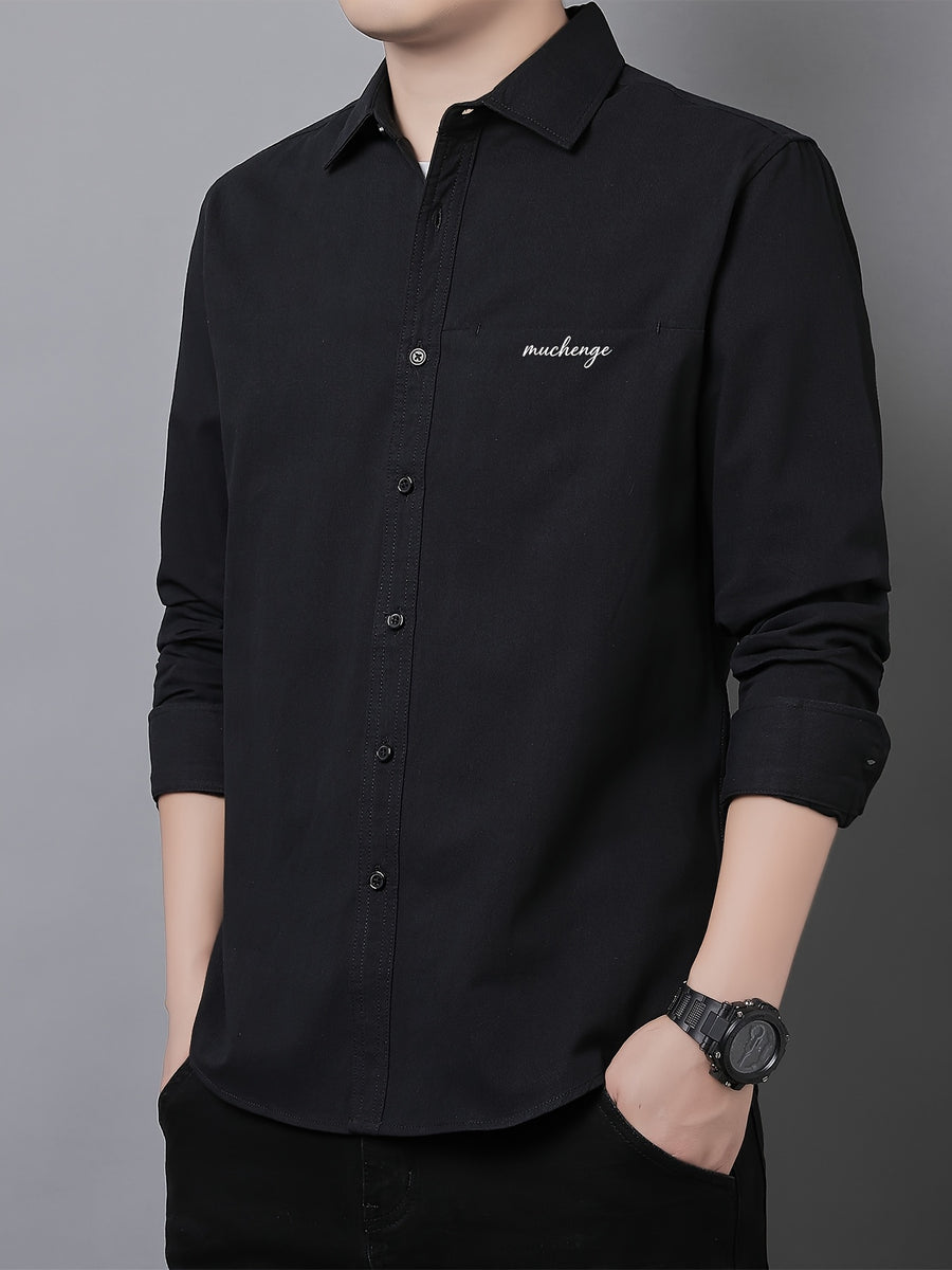 Men'S Long Sleeve Shirt with Lapel, Easy Letter Print Solid Color Hidden Single Pocket Casual Shirt, Washed Breathable Fabric, Spring/Autumn Commute Daily Wear Men'S Top, Inner And Outer Wear Multi-Color Available - Black