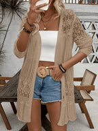 Women'S Elegant Long Sleeve Lace Open Cardigan, Suitable for Vacation, Beach - Khaki